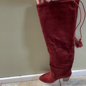 Rust coloured faux suede over the knee boots